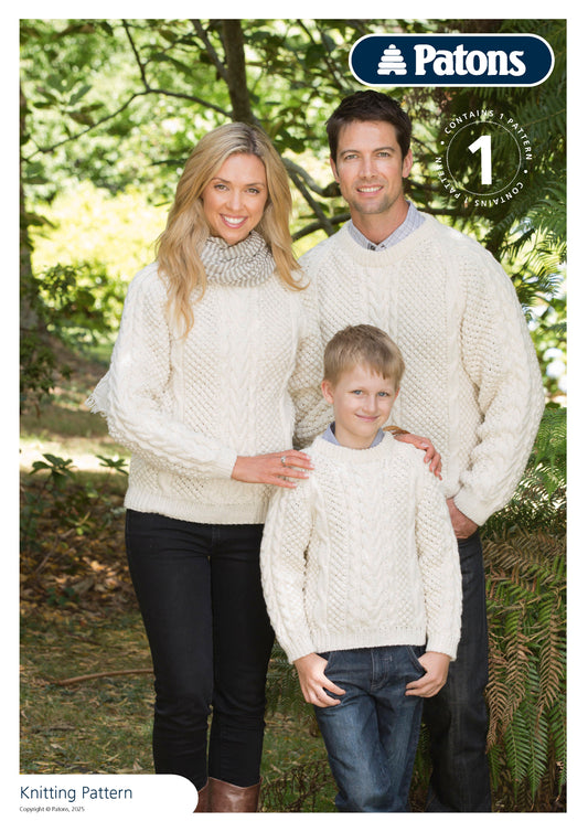 Patons Wool Blend Aran Family Sweater with Crew Neckline