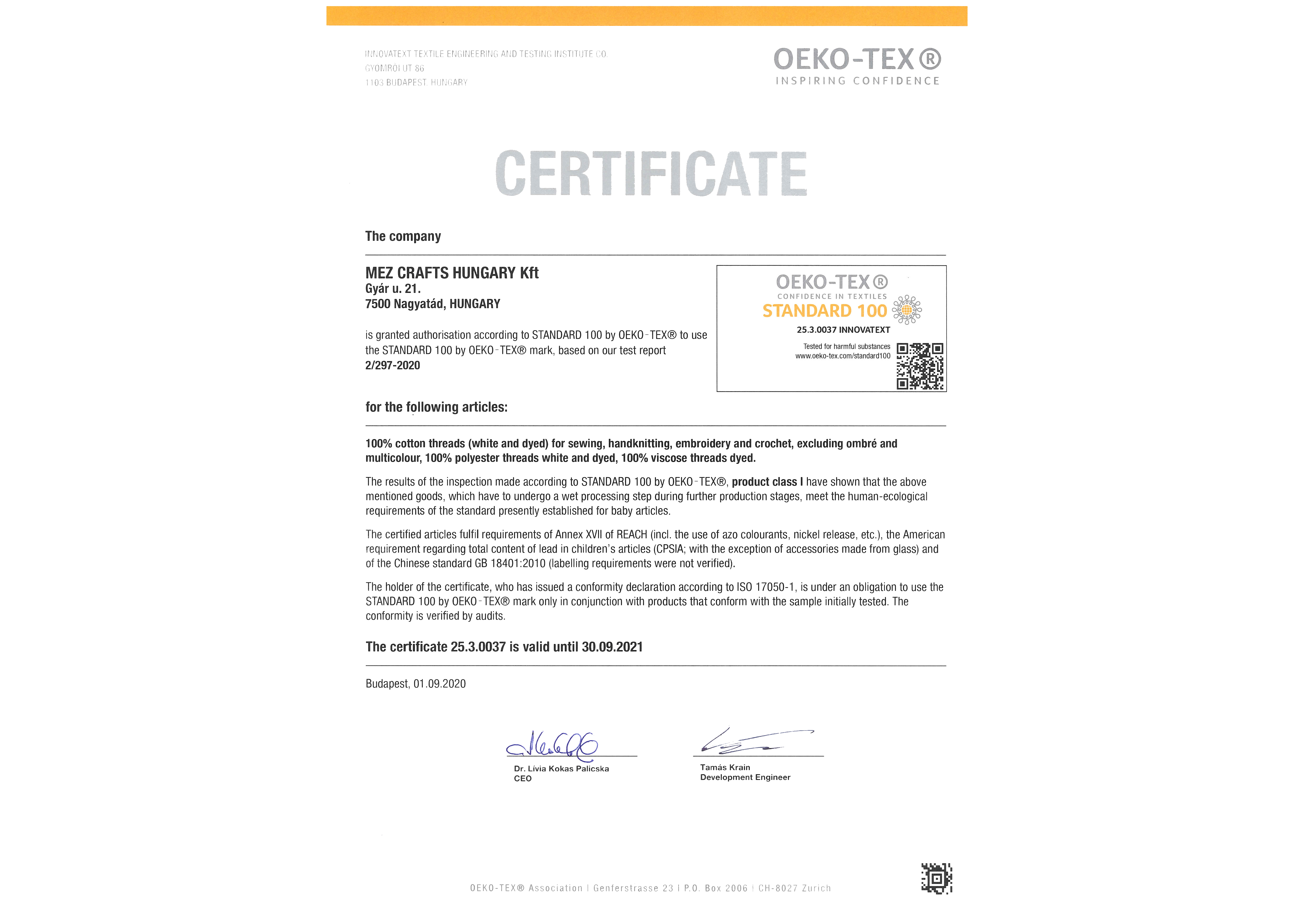 Oeko-Tex Certificate